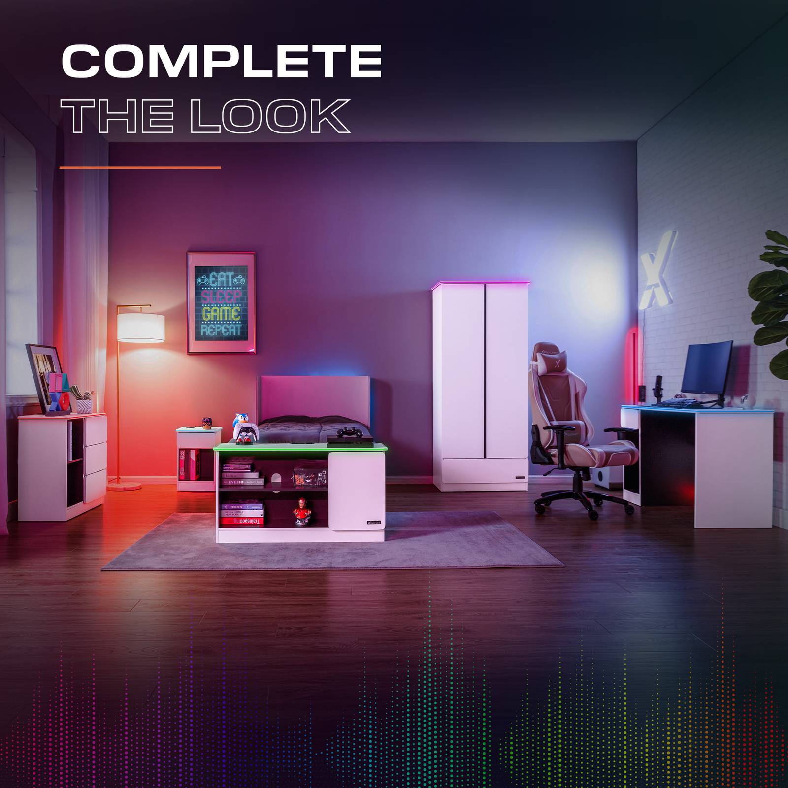 Carbon-Tek LED Bedside Side Table with Wireless Charging and Drawer - White RGB