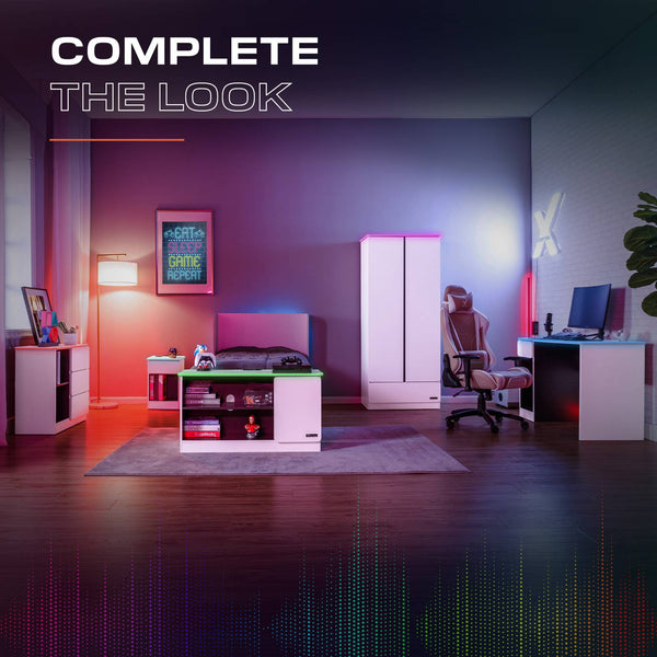 Carbon-Tek LED Bedside Side Table with Wireless Charging and Drawer - White RGB