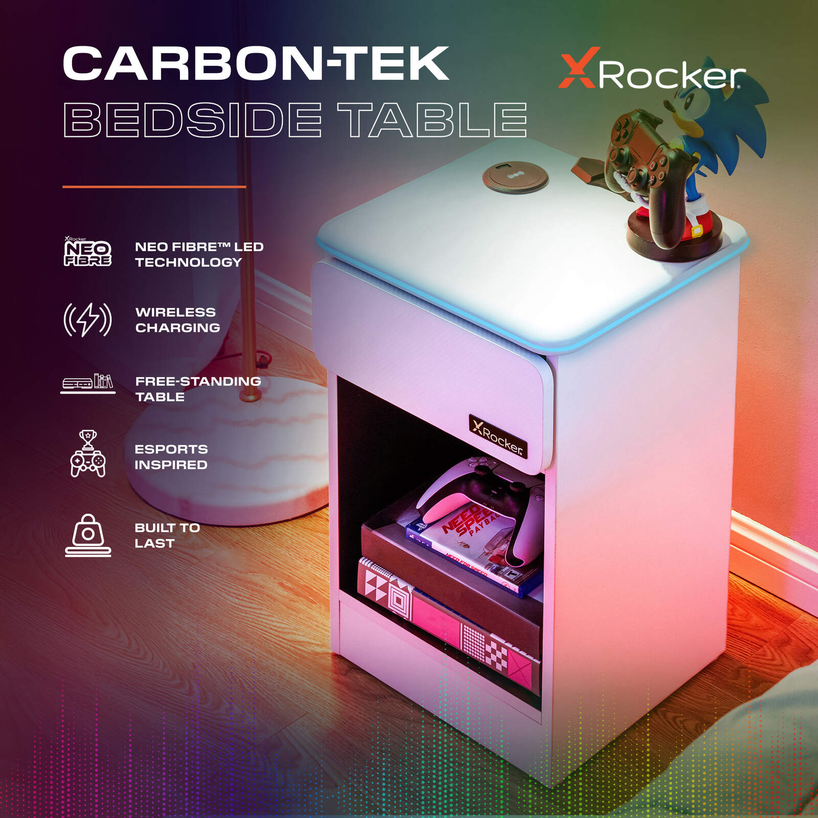 Carbon-Tek LED Bedside Side Table with Wireless Charging and Drawer - White RGB