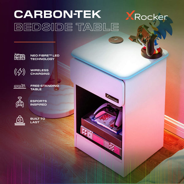 Carbon-Tek LED Bedside Side Table with Wireless Charging and Drawer - White RGB