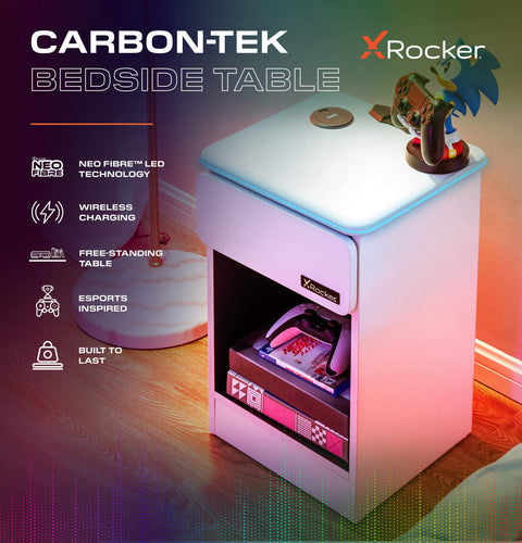 Carbon-Tek LED Bedside Side Table with Wireless Charging and Drawer - White RGB