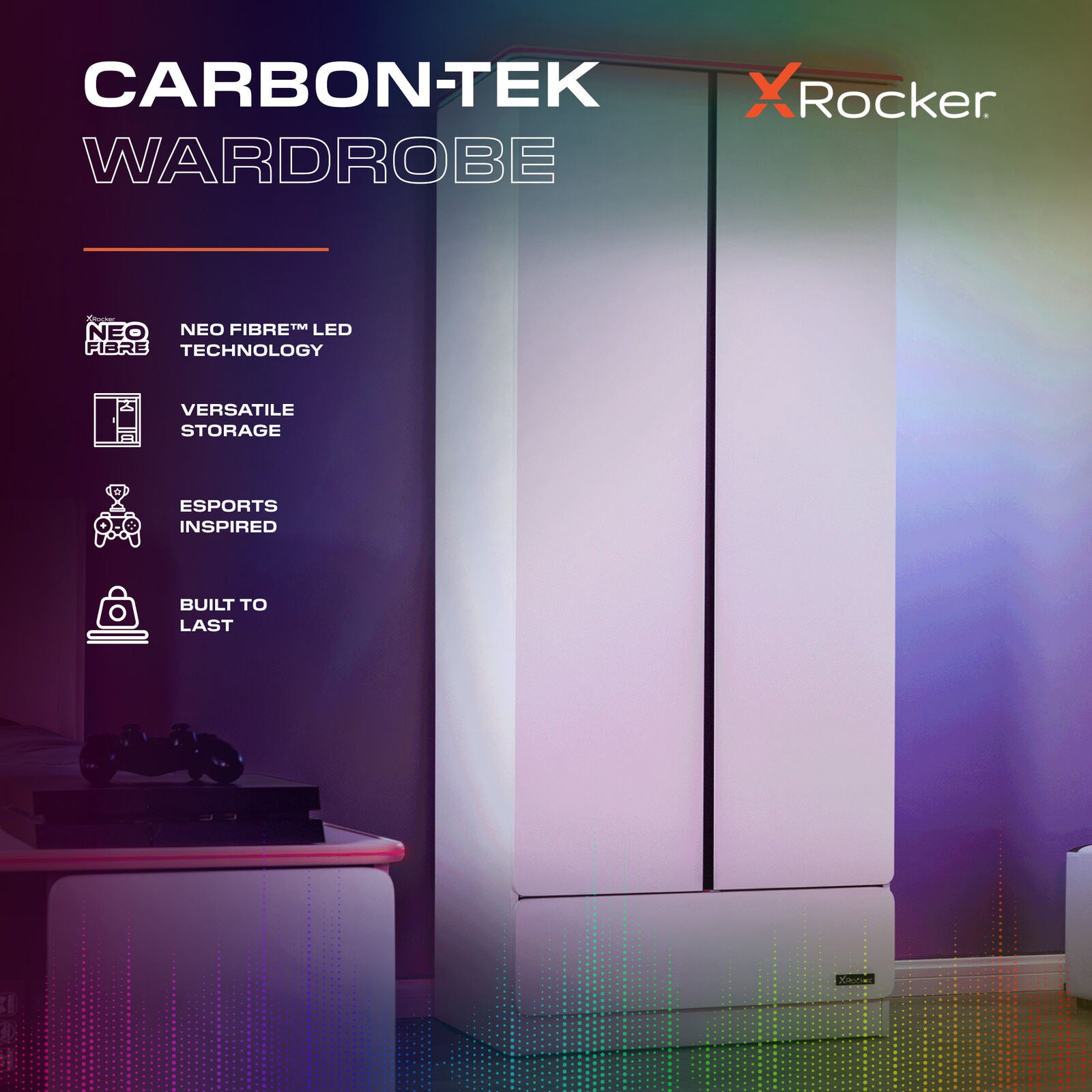 Carbon-Tek LED 2-Door Wardrobe with Drawer - White RGB