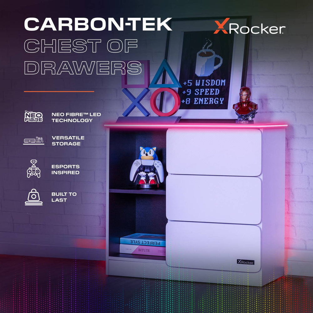 Carbon-Tek Chest of 3 Drawers with LED Lights - White