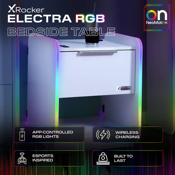 Electra LED Bedside Side Table with Wireless Charging - White RGB