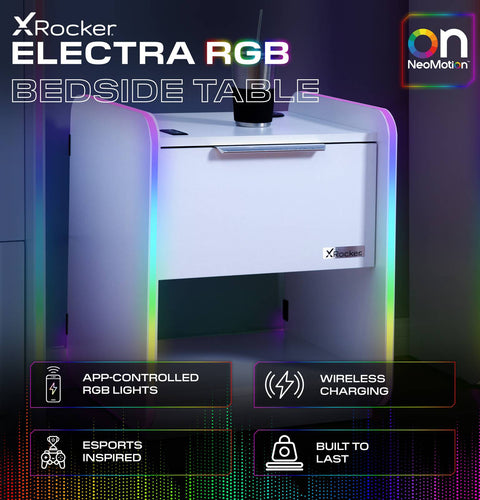 Electra LED Bedside Side Table with Wireless Charging - White RGB