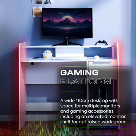 Electra Gaming Desk with Wireless Charging and Neo Motion SYNC™ App Controlled LED Lights - White