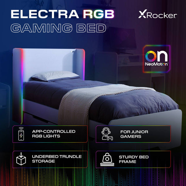 Electra LED Single Gaming Bed with Drawers - White RGB