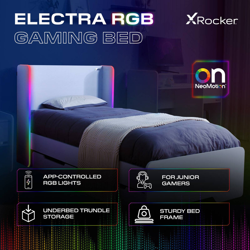 Electra RGB Single Gaming Bed with Storage and Neo Motion SYNC™ App Controlled LED Lights - White