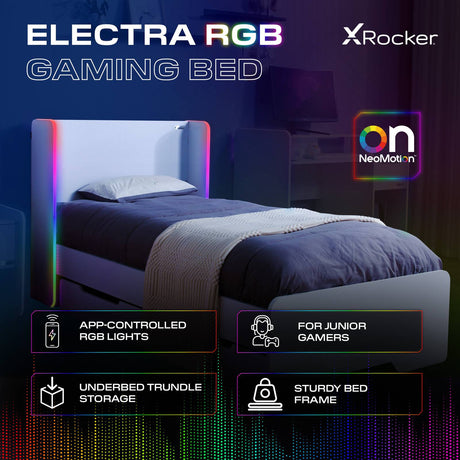 Electra LED Single Gaming Bed with Drawers - White RGB
