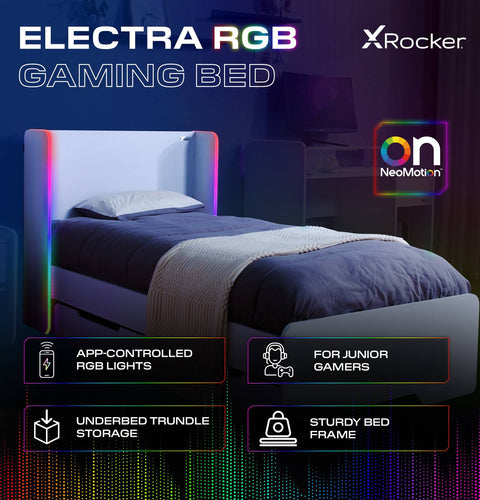 Electra LED Single Gaming Bed with Drawers - White RGB