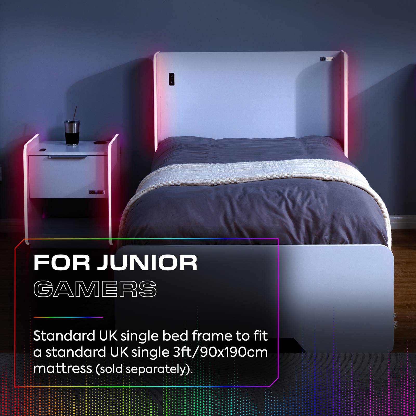 Electra LED Single Gaming Bed with Drawers - White RGB