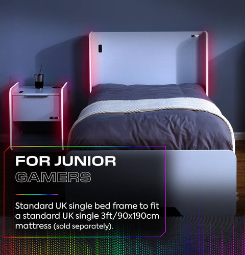 Electra LED Single Gaming Bed with Drawers - White RGB