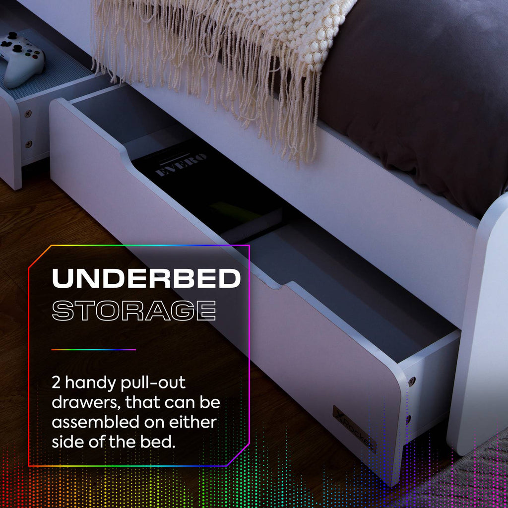 Electra LED Single Gaming Bed with Drawers - White RGB