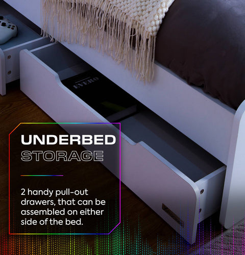 Electra LED Single Gaming Bed with Drawers - White RGB
