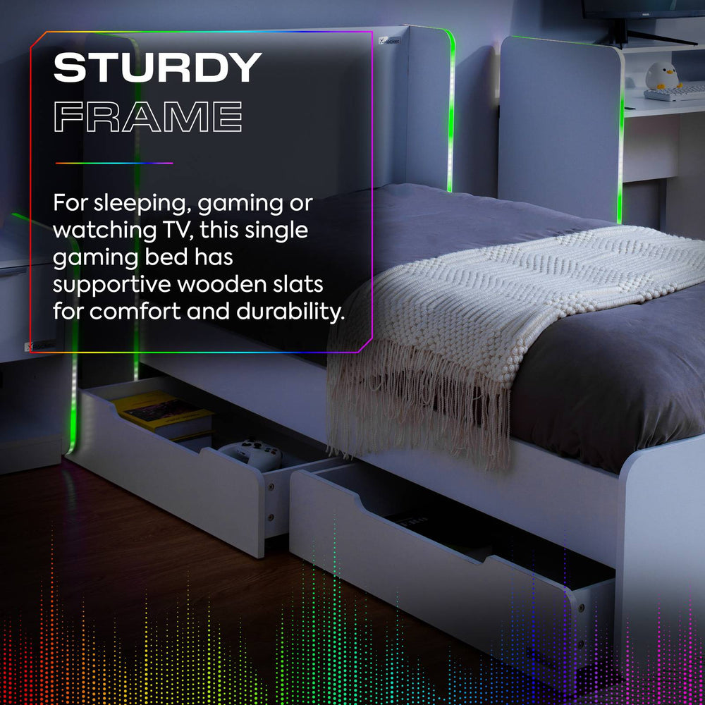 Electra RGB Single Gaming Bed with Storage and Neo Motion SYNC™ App Controlled LED Lights - White