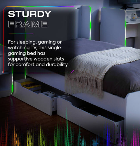 Electra LED Single Gaming Bed with Drawers - White RGB