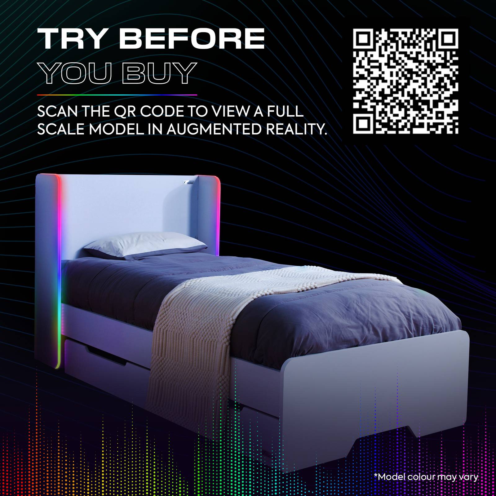 Electra LED Single Gaming Bed with Drawers - White RGB