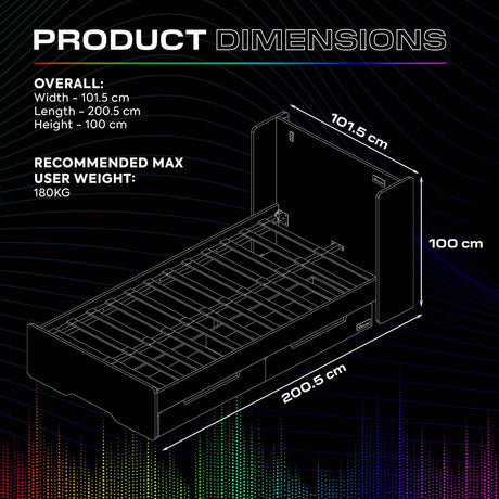 Electra LED Single Gaming Bed with Drawers - White RGB