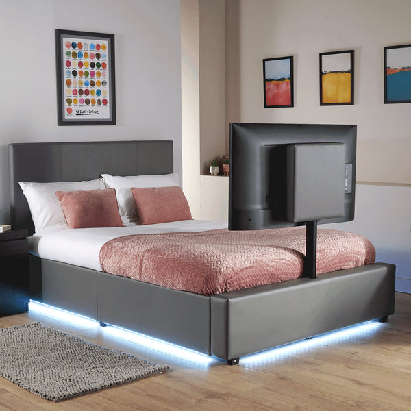 Ava Upholstered TV Bed with LED Lights - Grey (4 Sizes)