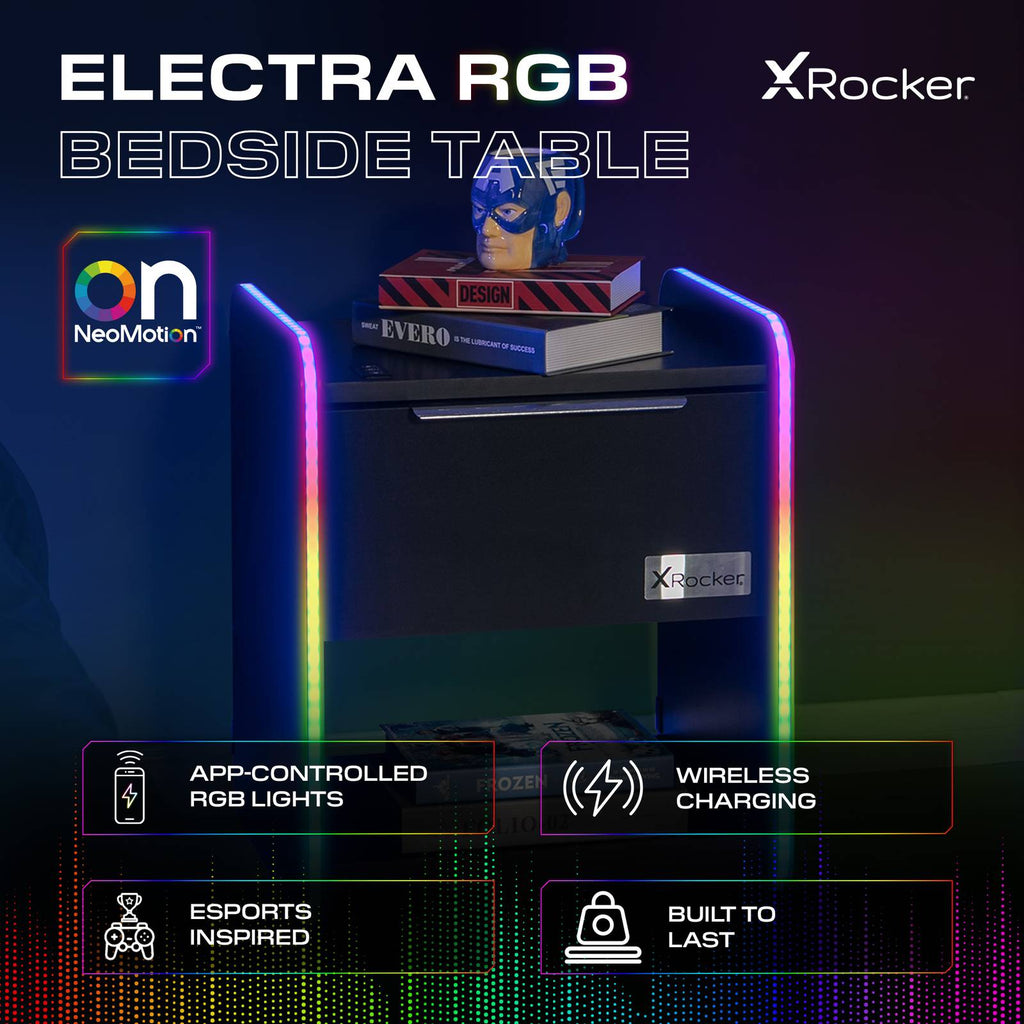 Electra LED Bedside Side Table with Wireless Charging - Black RGB