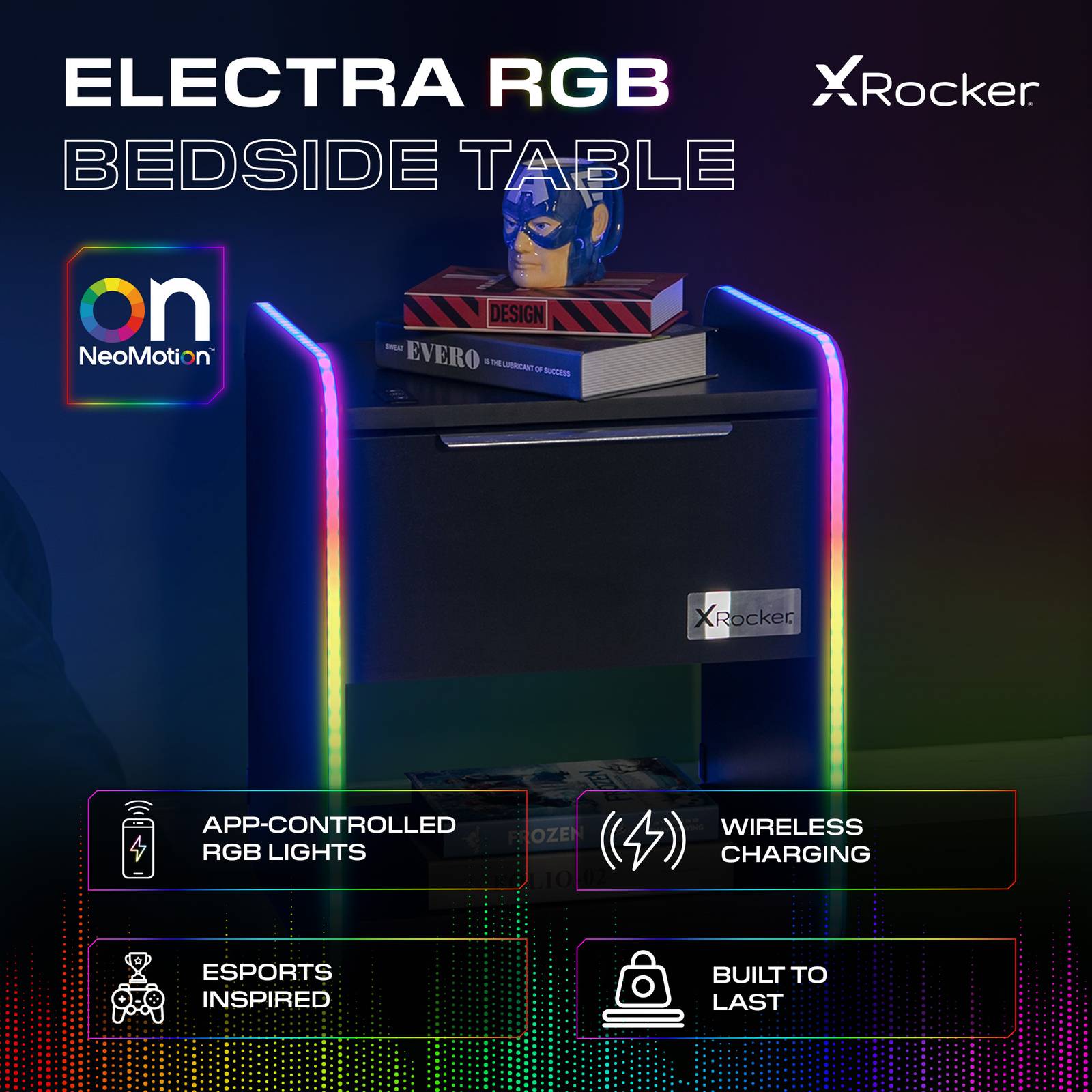 Electra LED Bedside Side Table with Wireless Charging - Black RGB
