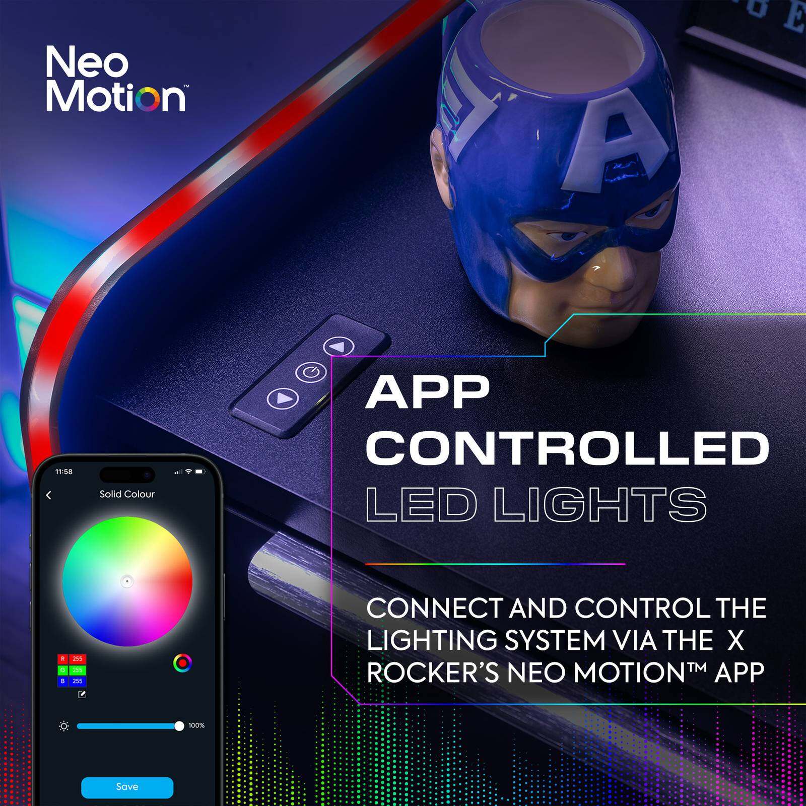 Electra LED Bedside Side Table with Wireless Charging - Black RGB