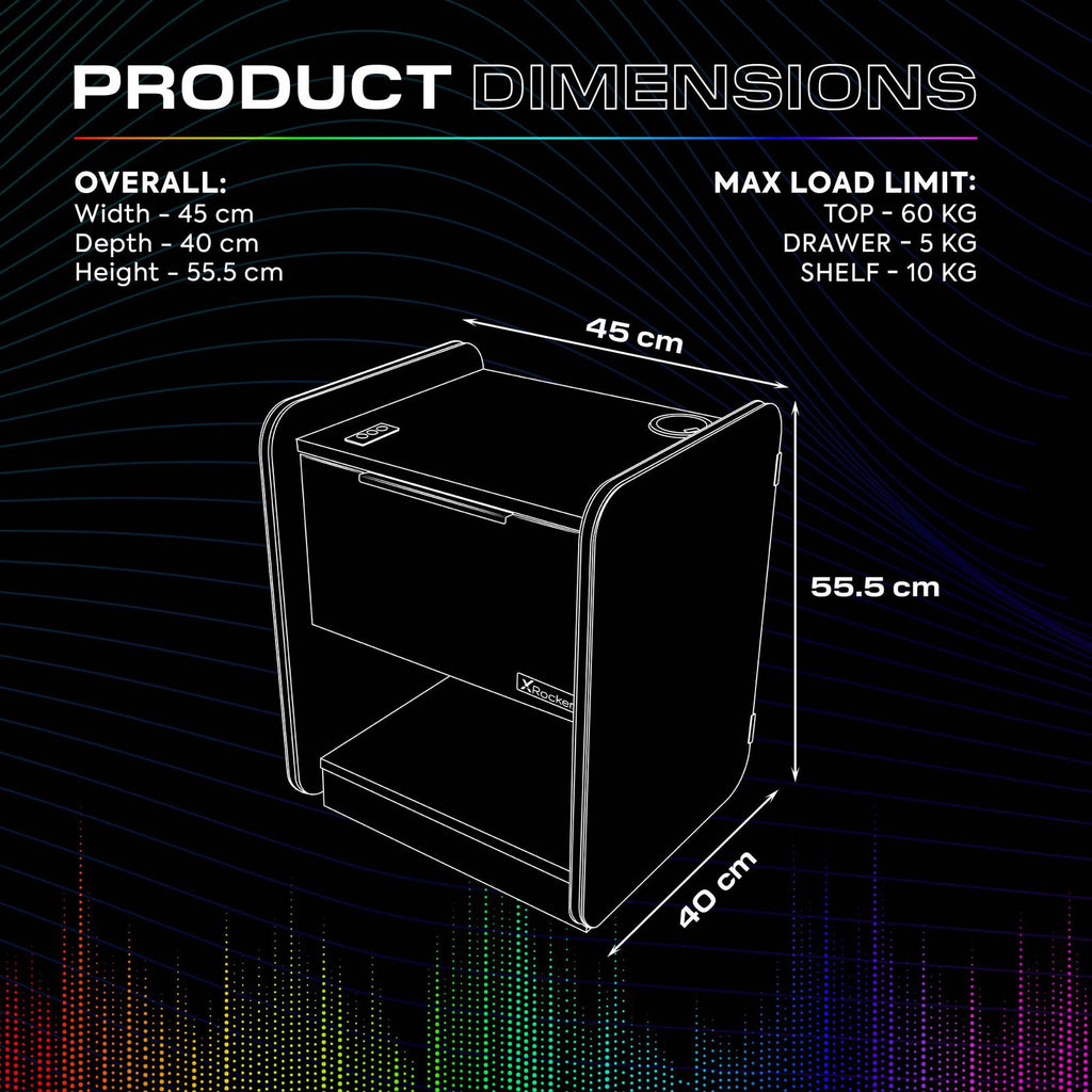 Electra LED Bedside Side Table with Wireless Charging - Black RGB