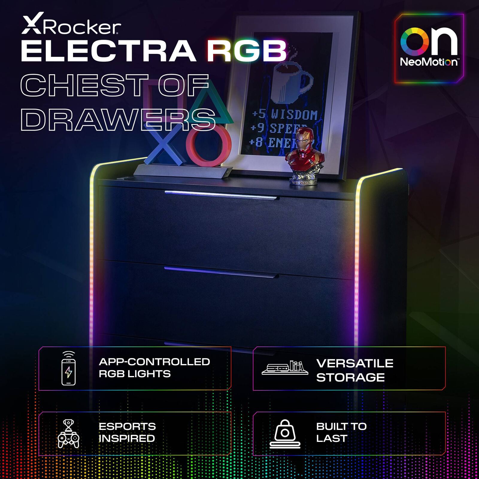 Electra Chest of 3 Drawers with Neo Motion SYNC™ App Controlled LED Lights - Black