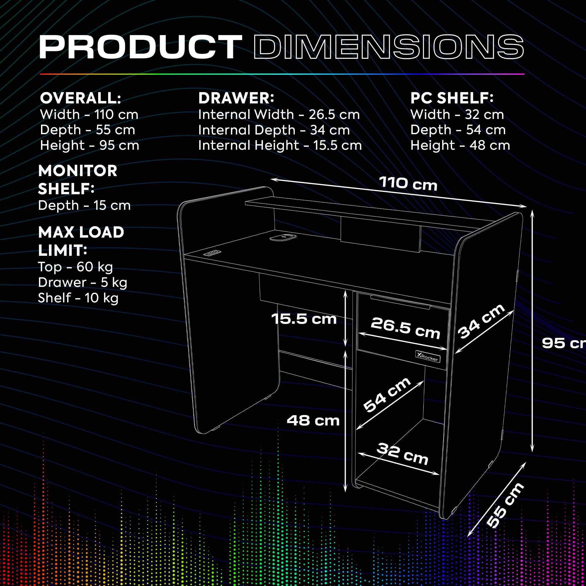 Electra 110cm RGB Gaming Desk with Wireless Charging - Black