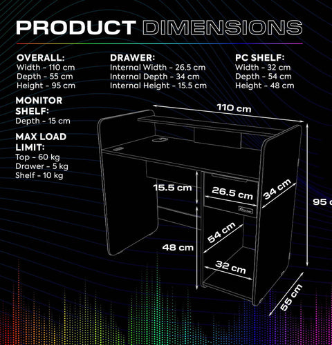 Electra 110cm RGB Gaming Desk with Wireless Charging - Black