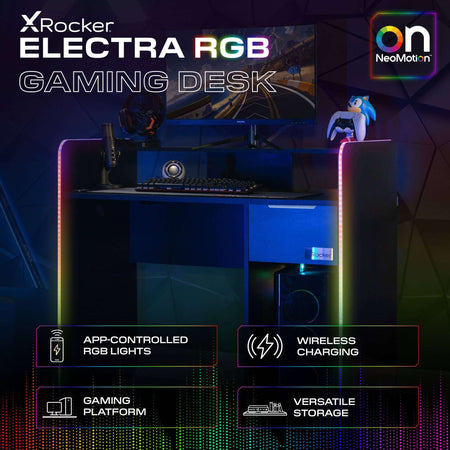 Electra Gaming Desk with Wireless Charging and Neo Motion SYNC™ App Controlled LED Lights - Black