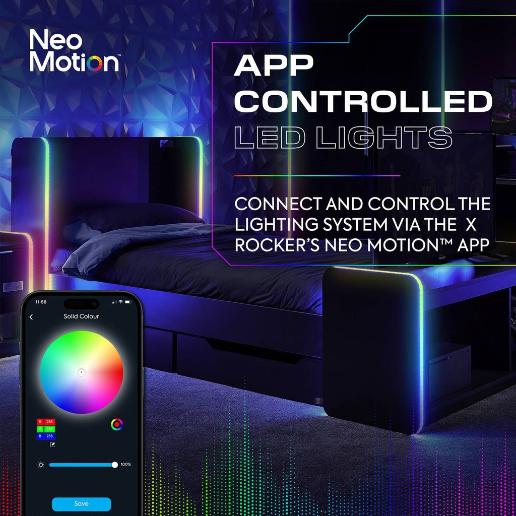 Electra LED Single Gaming Bed with Drawers - Black RGB