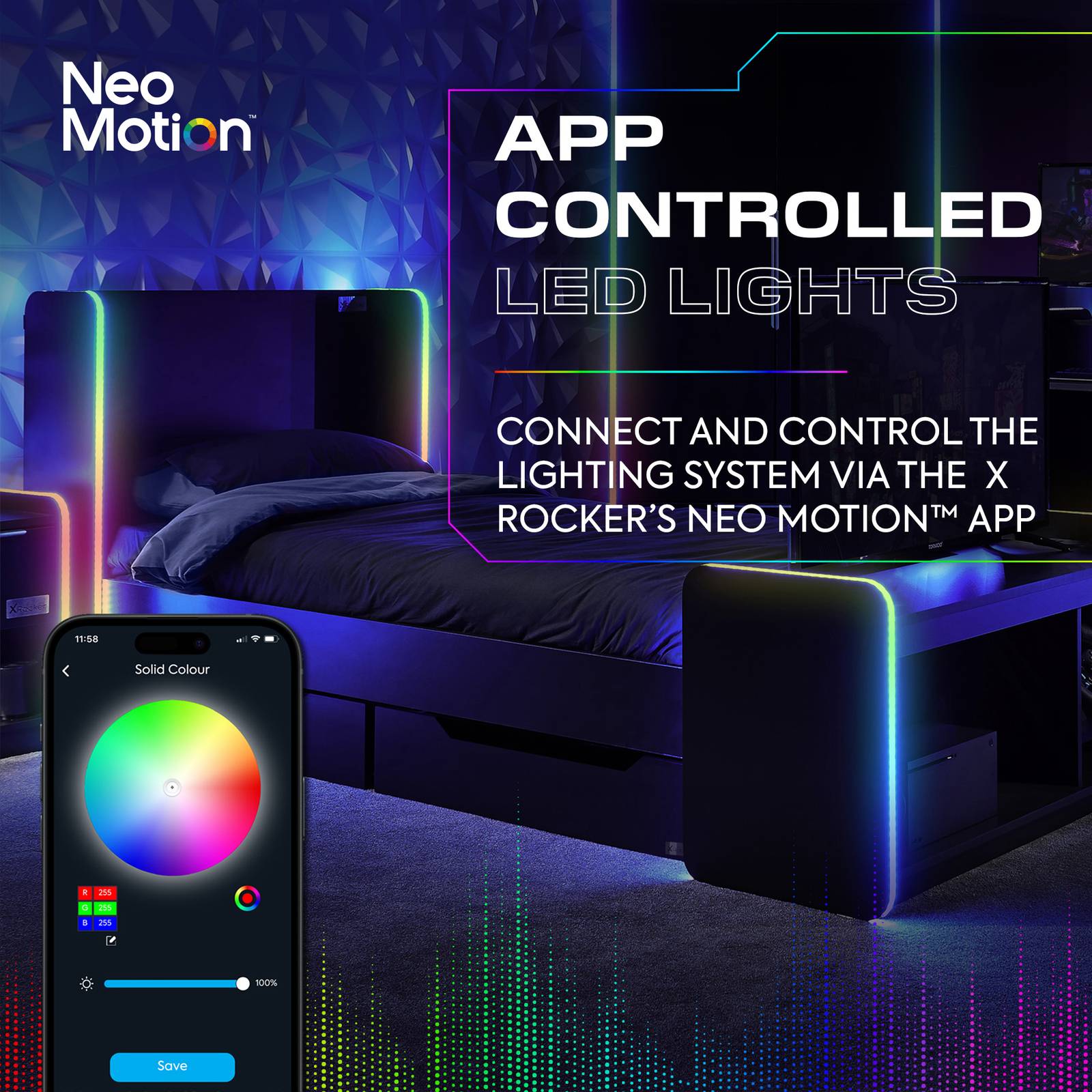 Electra LED Single Gaming Bed with Drawers - Black RGB
