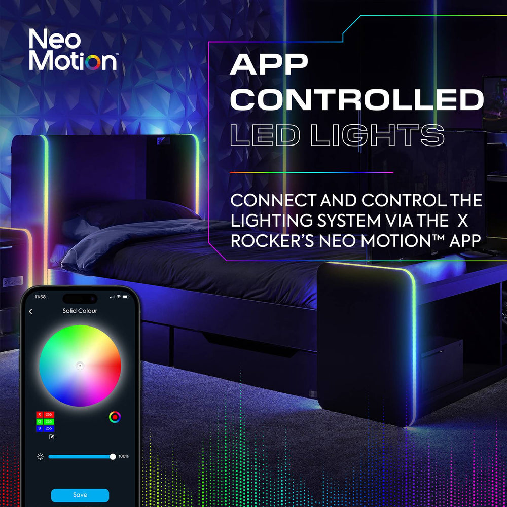 Electra RGB Single Gaming Bed with Storage and Neo Motion SYNC™ App Controlled LED Lights - Black