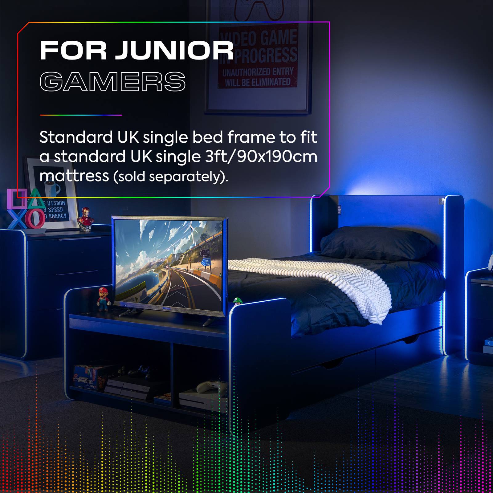 Electra LED Single Gaming Bed with Drawers - Black RGB
