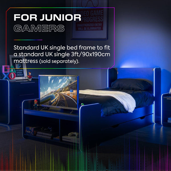 Electra LED Single Gaming Bed with Drawers - Black RGB