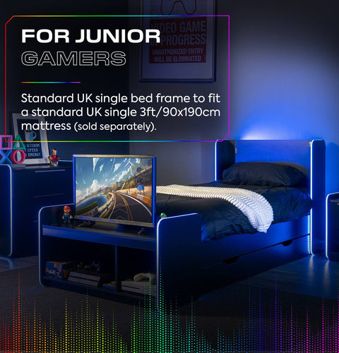 Electra LED Single Gaming Bed with Drawers - Black RGB