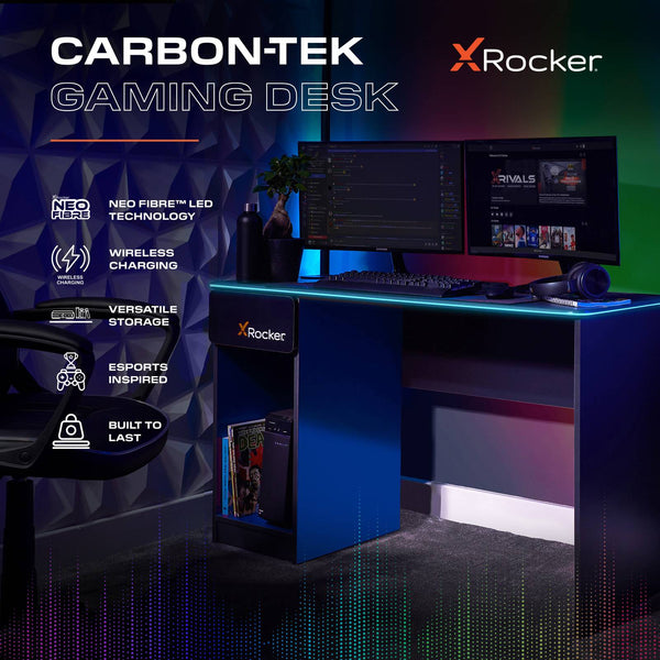 Carbon-Tek 120cm LED Gaming Desk with Wireless Charging - Grey / Blue RGB
