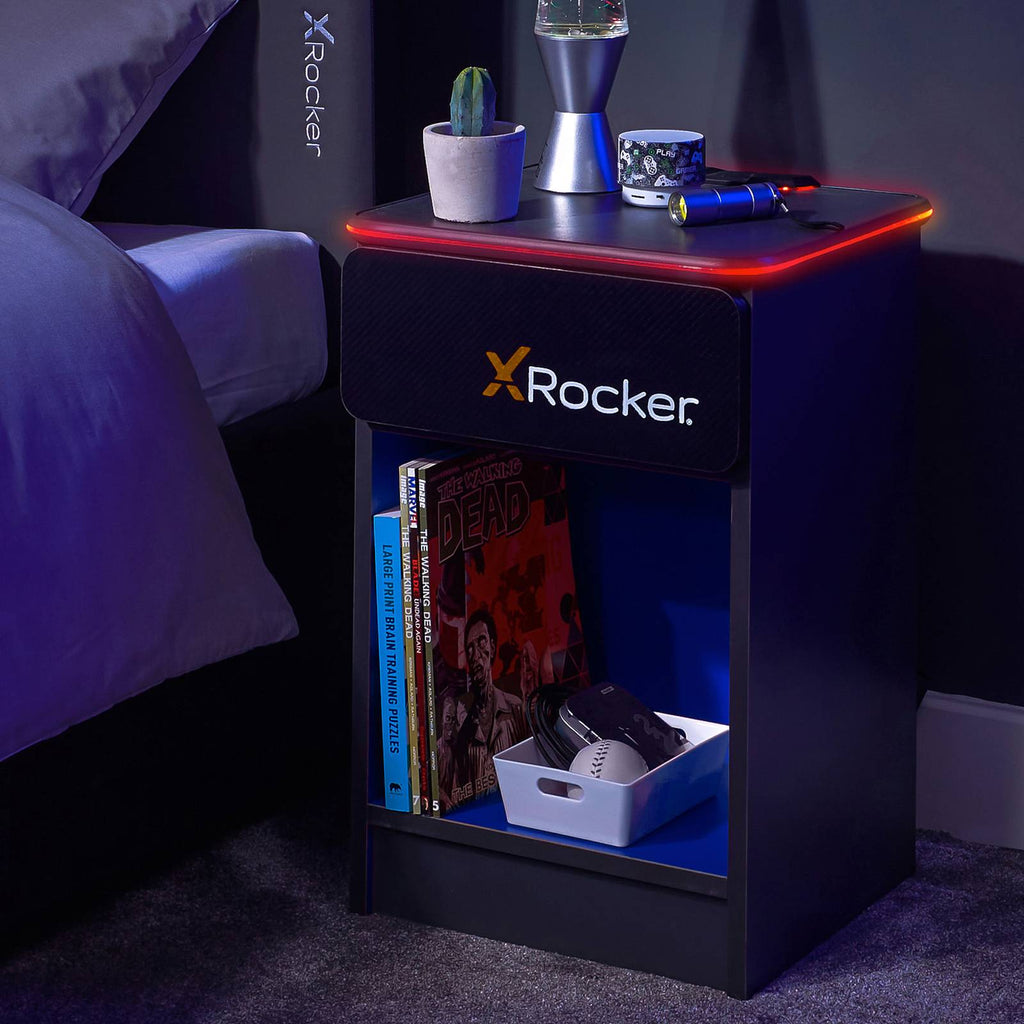 Carbon-Tek LED Bedside Side Table with Wireless Charging and Drawer - Grey / Blue RGB
