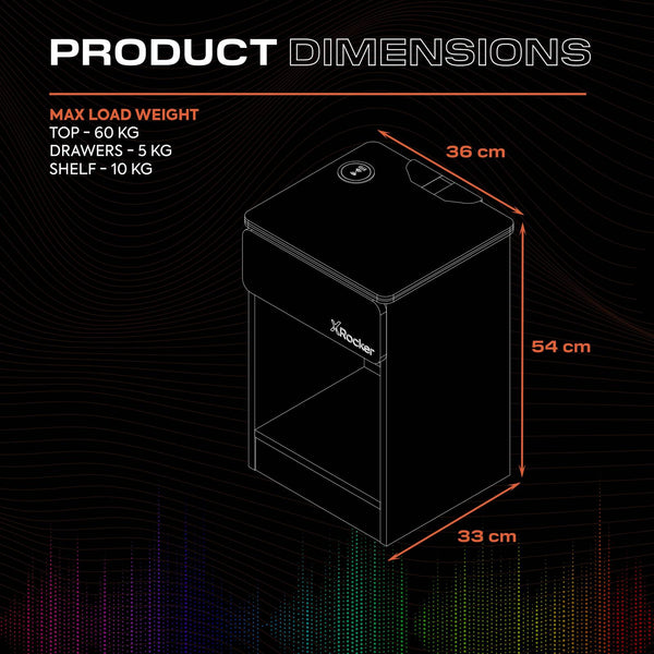 Carbon-Tek LED Bedside Side Table with Wireless Charging and Drawer - Grey / Blue RGB