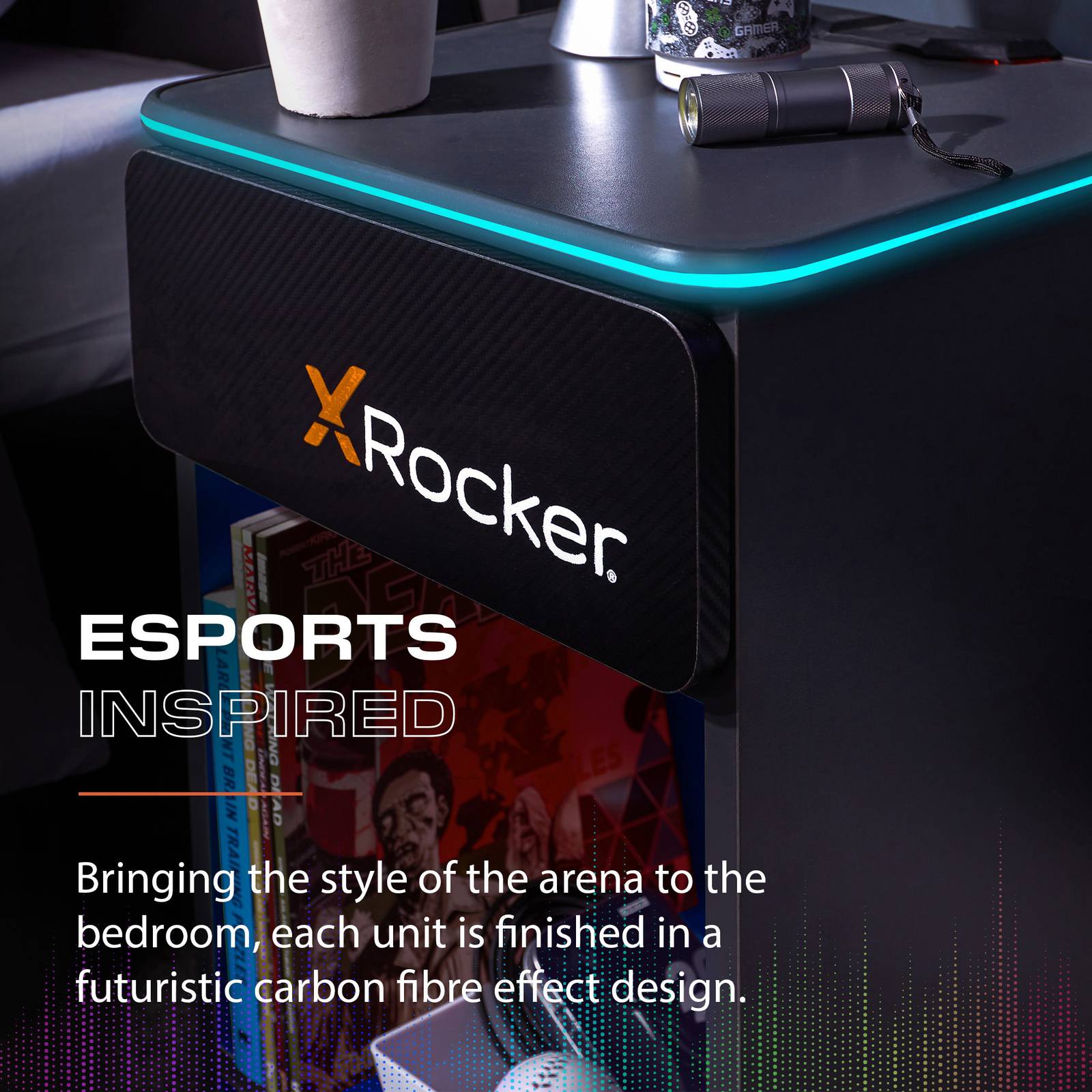 Carbon-Tek LED Bedside Side Table with Wireless Charging and Drawer - Grey / Blue RGB