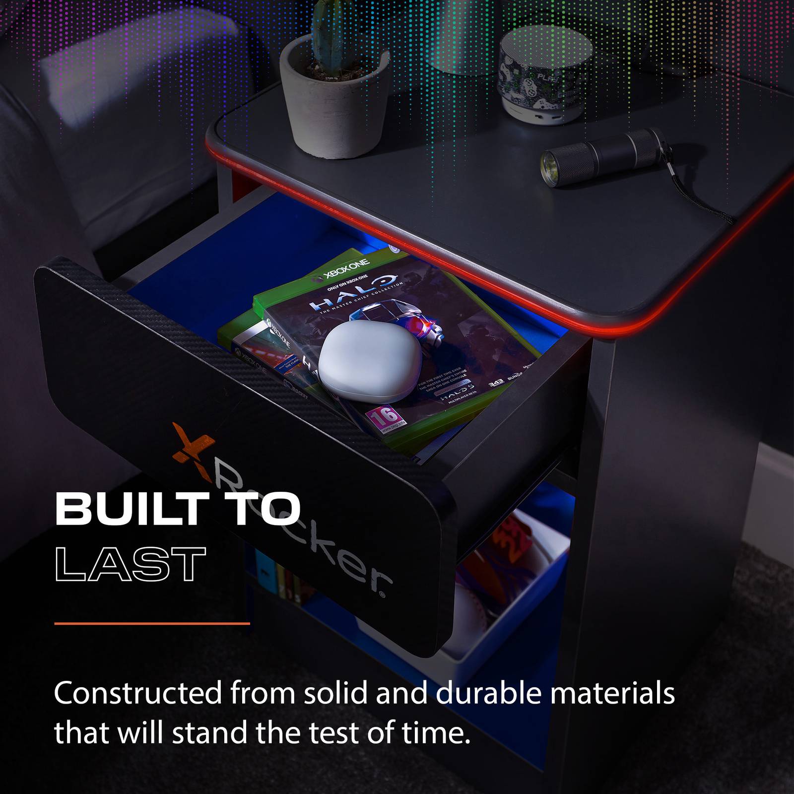 Carbon-Tek LED Bedside Side Table with Wireless Charging and Drawer - Grey / Blue RGB