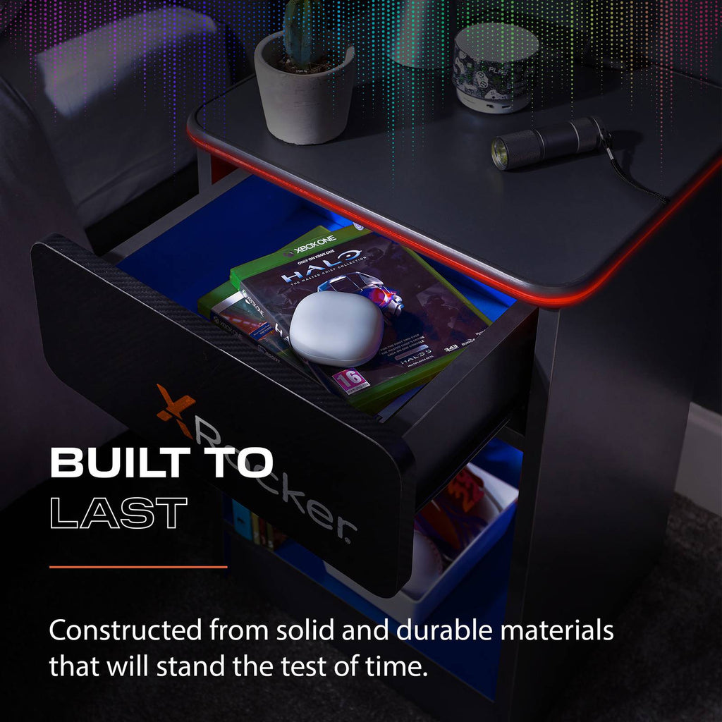 Carbon-Tek LED Bedside Side Table with Wireless Charging and Drawer - Grey / Blue RGB