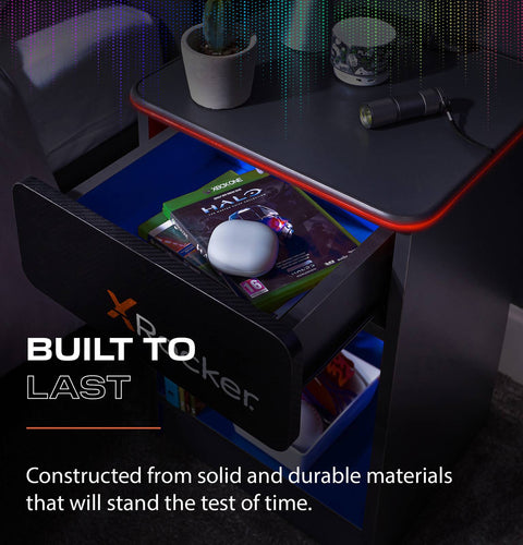 Carbon-Tek LED Bedside Side Table with Wireless Charging and Drawer - Grey / Blue RGB
