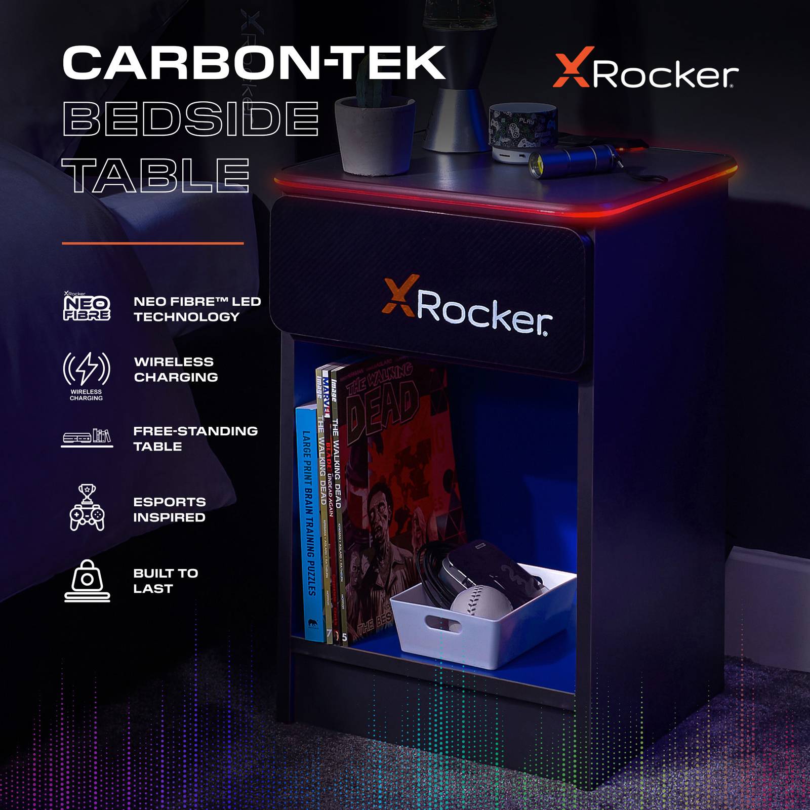 Carbon-Tek LED Bedside Side Table with Wireless Charging and Drawer - Grey / Blue RGB