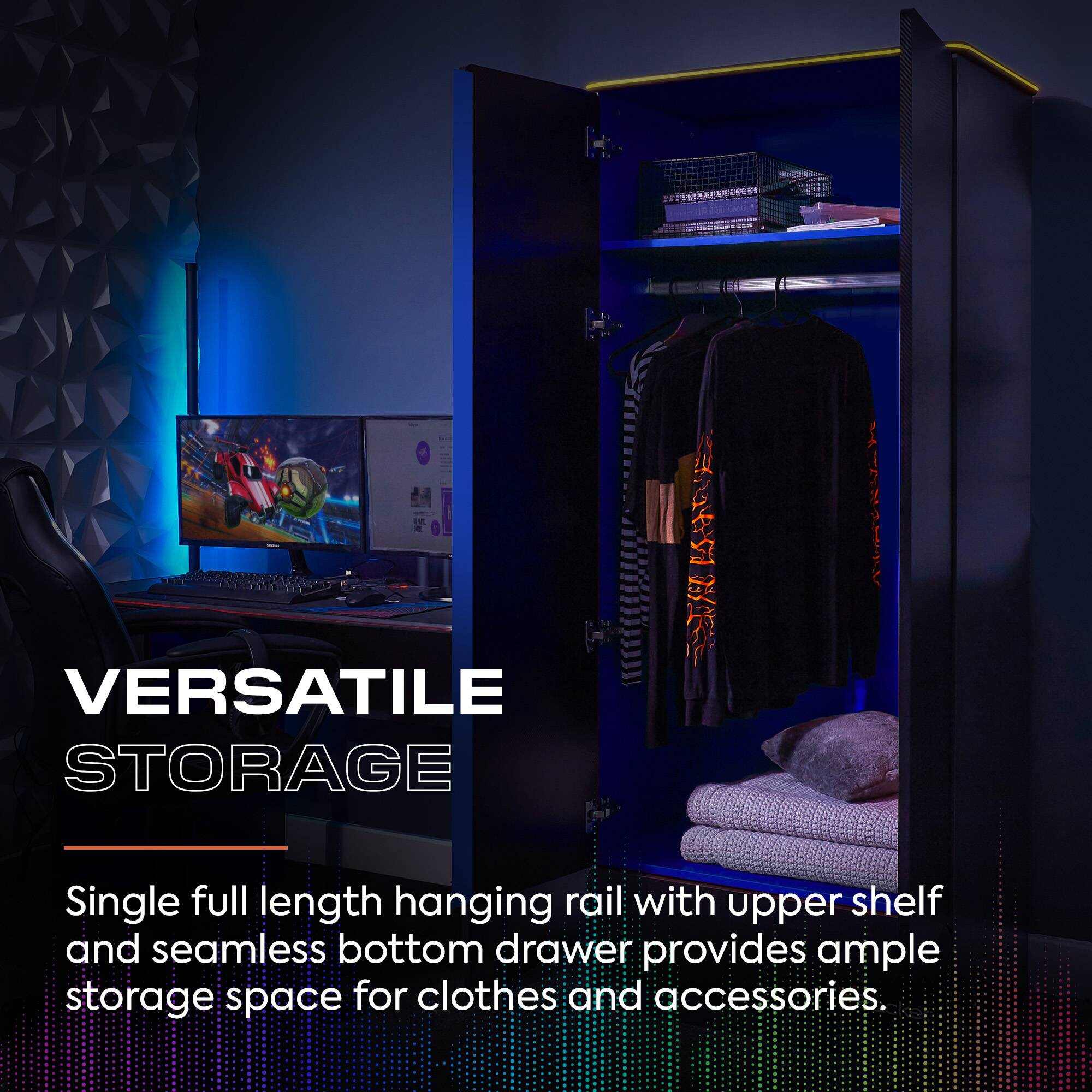 Carbon-Tek LED 2-Door Wardrobe with Drawer - Grey / Blue RGB