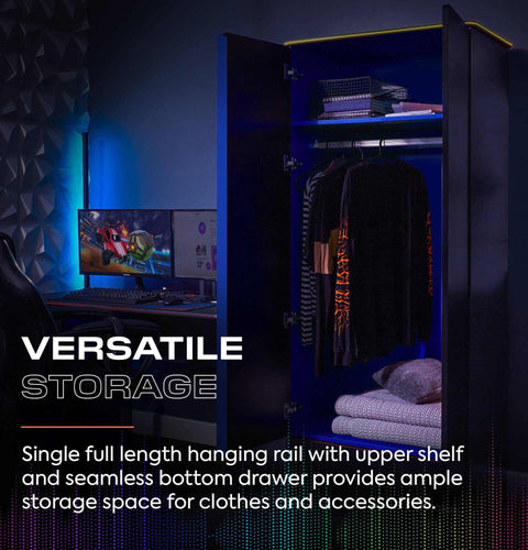 Carbon-Tek LED 2-Door Wardrobe with Drawer - Grey / Blue RGB