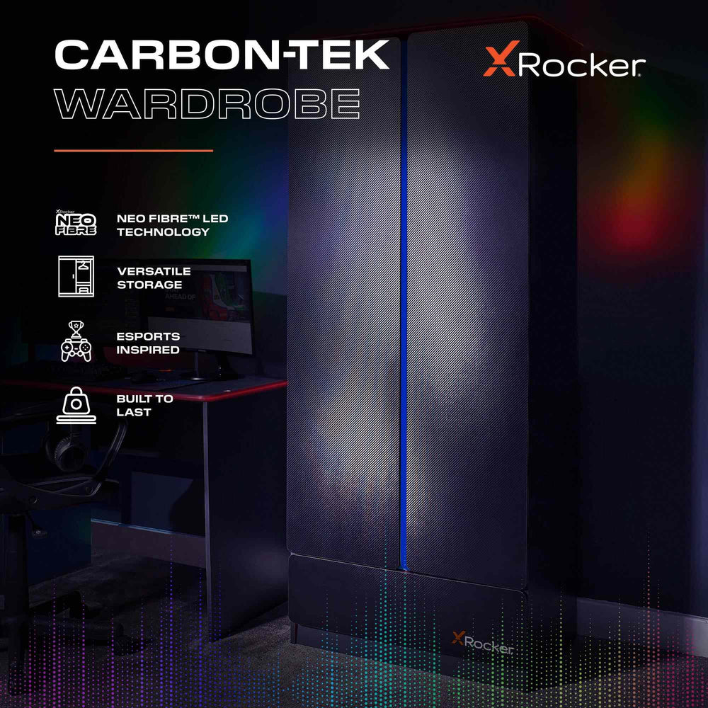 Carbon-Tek 2 Door Wardrobe with Drawer and LED Lights - Grey / Blue