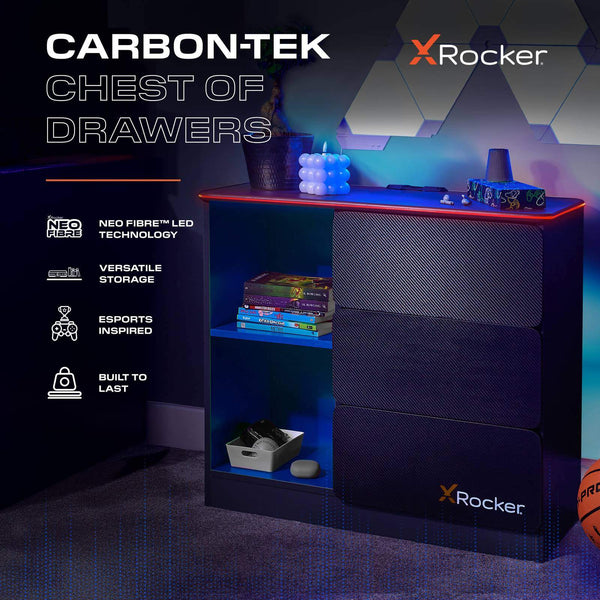Carbon-Tek LED Chest of 3 Drawers - Grey / Blue RGB