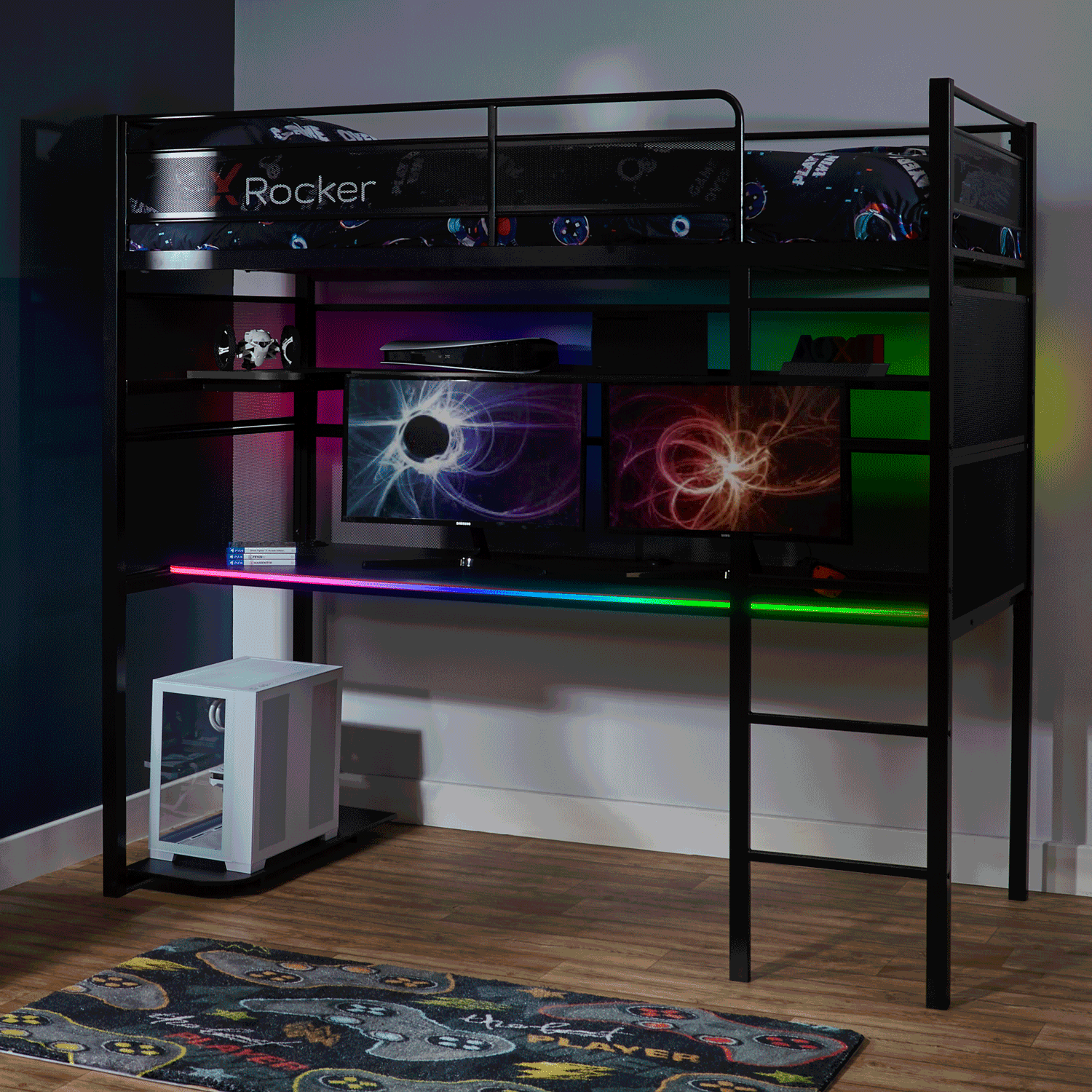 Gaming high sleeper bunk bed with app-controlled RGB LED lights, a spacious desk, and a modern black metal frame.
